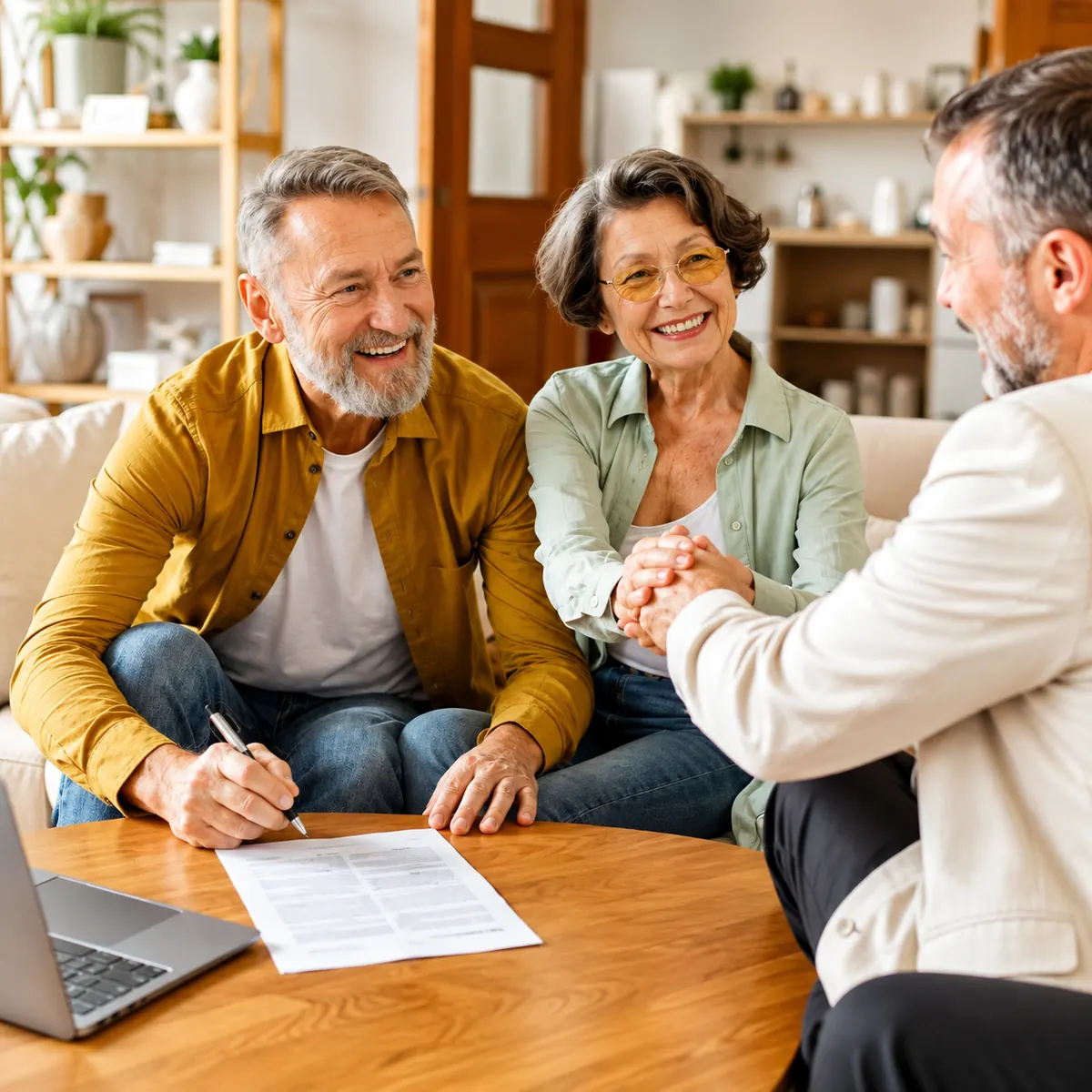 Couple senior signant un dossier de assistance familial avec un conseiller